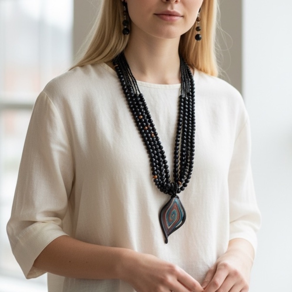 Erica Lyons Black and Teal Pendant Necklace Set